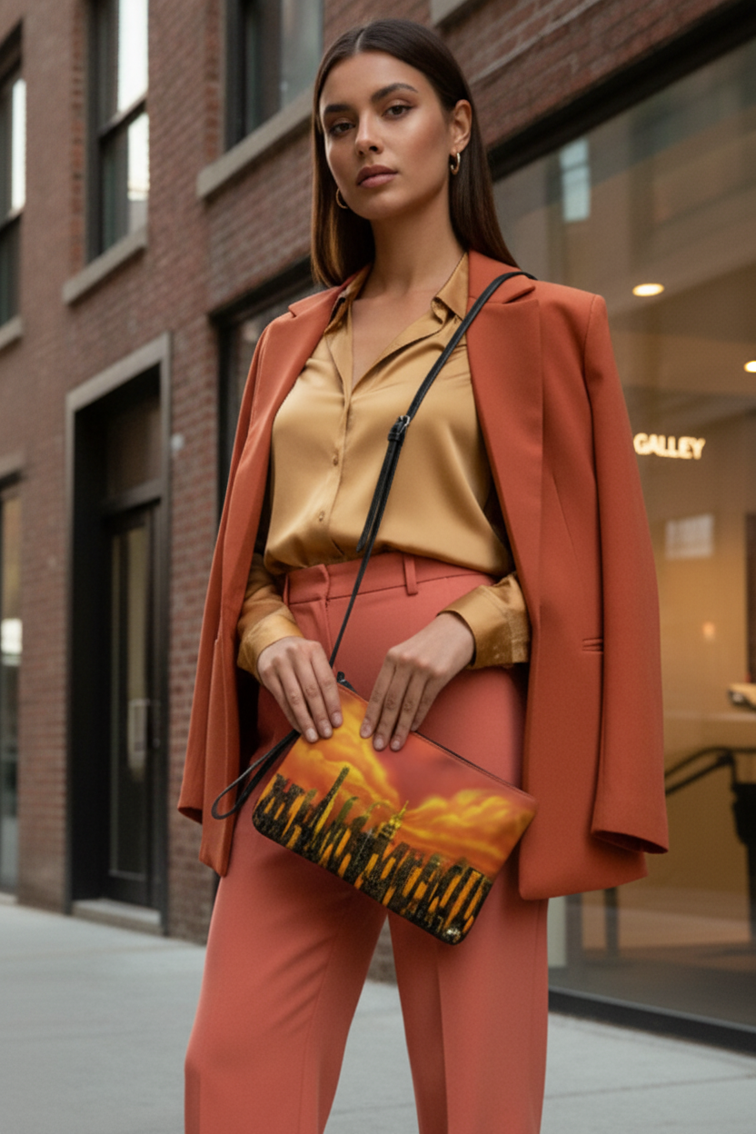 Woman in orange-themed outfits with matching Loria NYC Art handbags on a city rooftop.