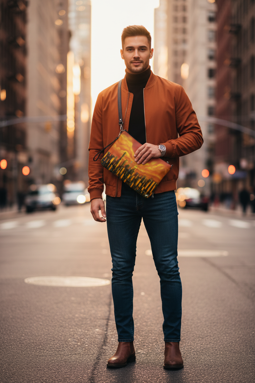 Man in a brown jacket and blue jeans holding a yellow Loria NYC Art bag on a city street.