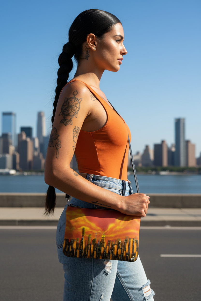 Woman wearing an orange top with a cityscape Loria NYC Art design, standing on a bridge with a city skyline in the background.