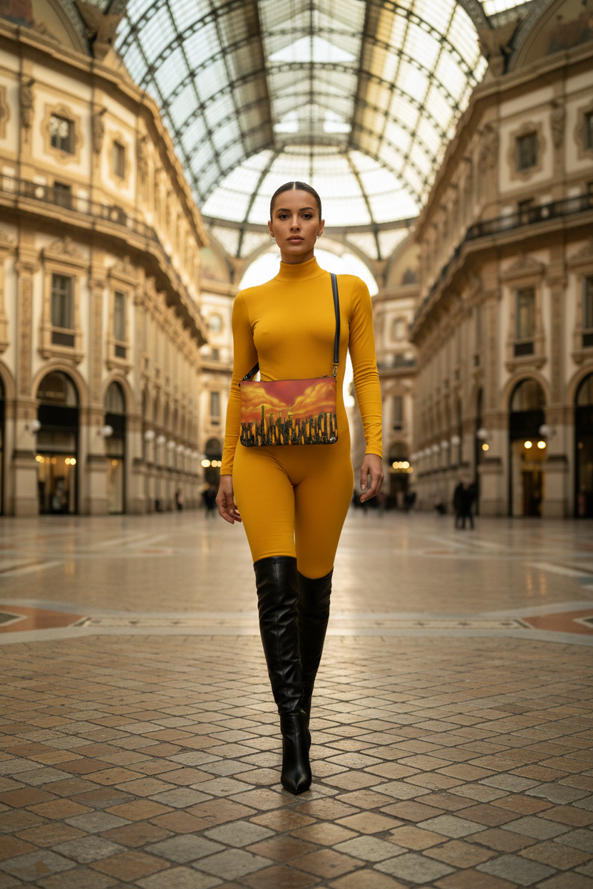Women posing in yellow body suit with a colorful skyline orange Loria NYC Art clutch cross body bag in an outside setting.