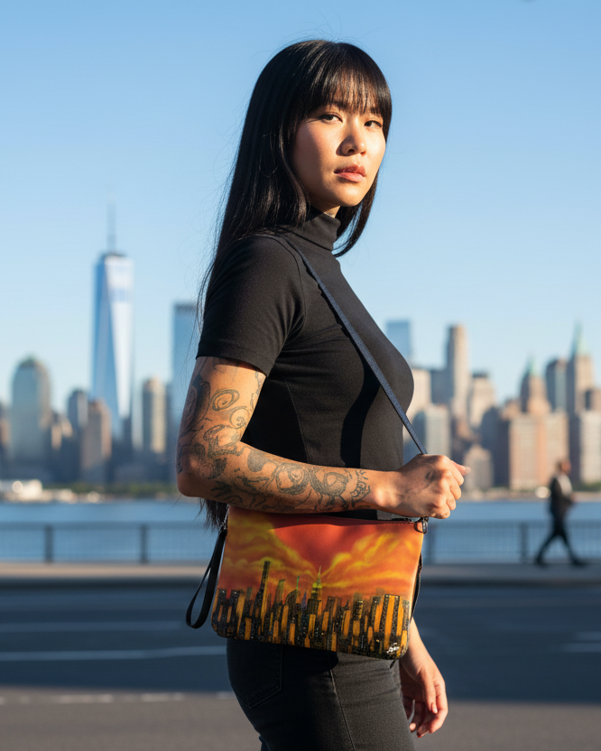 Woman holding a colorful Loria NYC Art bag with a city skyline in the background