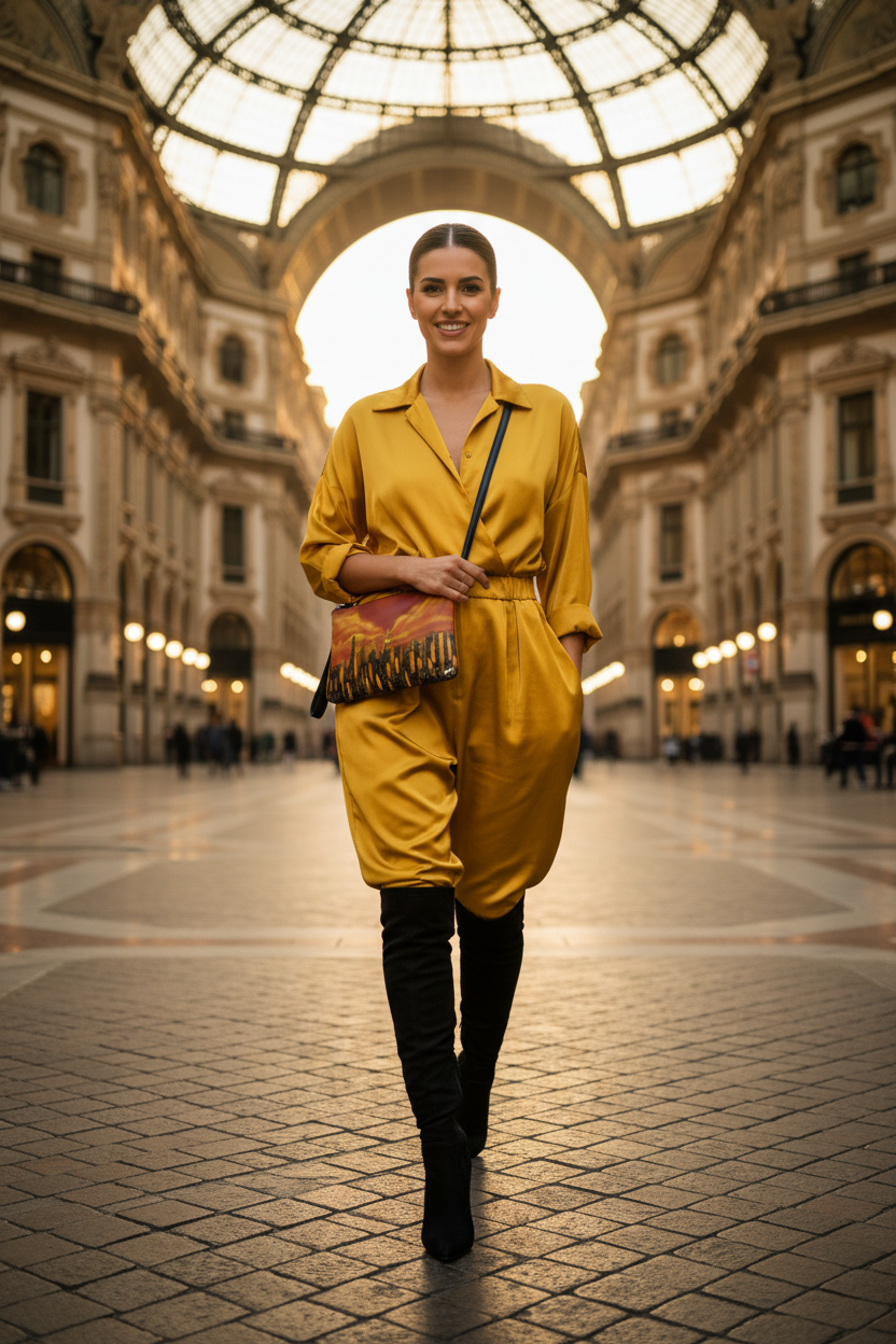 Women in a yellow jump suit posing with a colorful skyline orange Loria NYC Art clutch cross body bag.