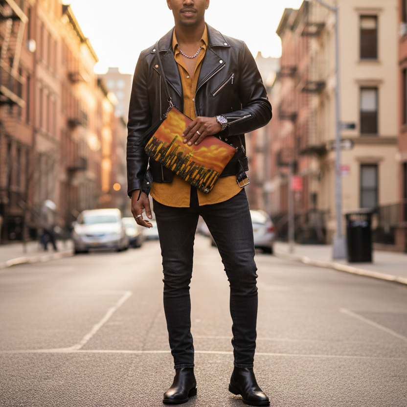 Person wearing a leather jacket and holding a colorful Loria NYC Art bag on a city street