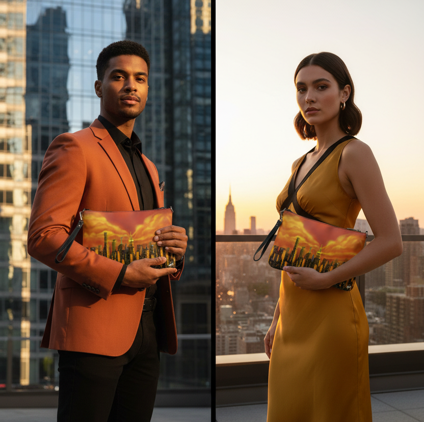 Two people, one in an orange blazer and the other in a yellow dress, holding similar clutch Loria NYC Art bags with cityscape designs.
