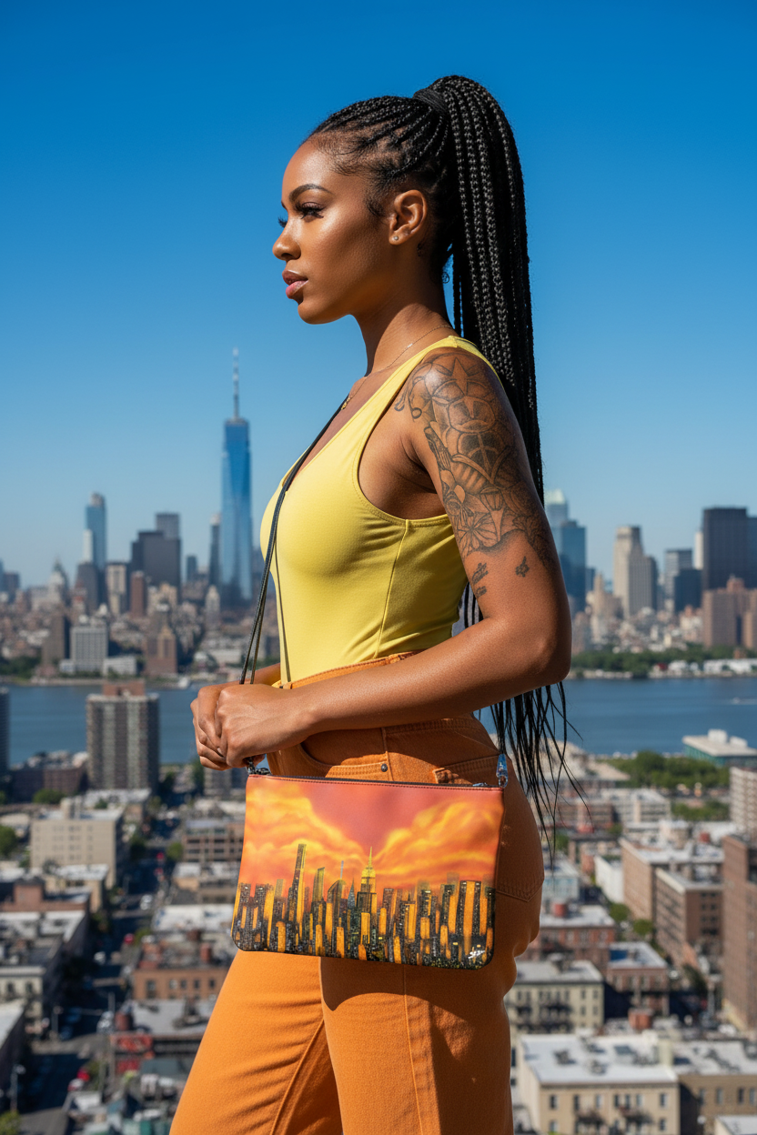 Woman in yellow top and orange pants holding a colorful Loria NYC Art bag with a city skyline in the background