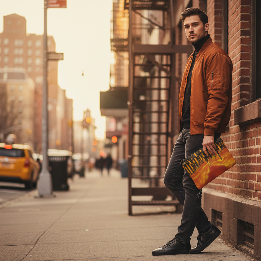 Man leaning against a brick wall holding a NYC Art bag on a city street with a taxi in the background