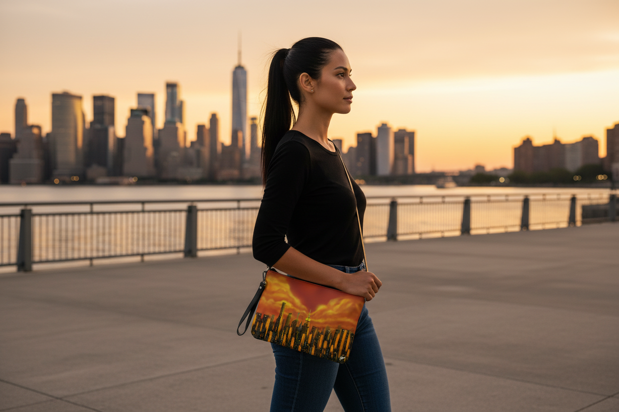 Woman holding a colorful Loria NYC Art handbag with a city skyline in the background