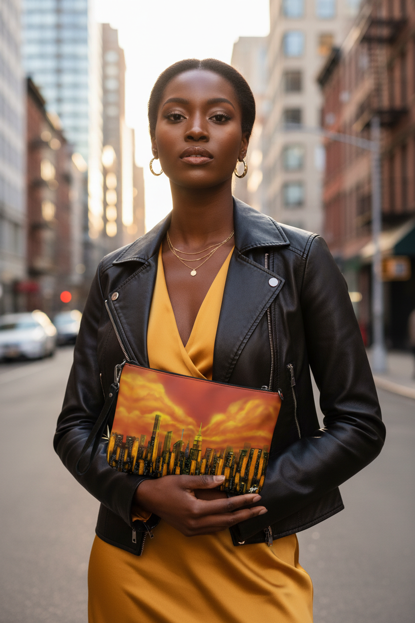 Woman holding a colorful Loria NYC Art clutch in an urban setting