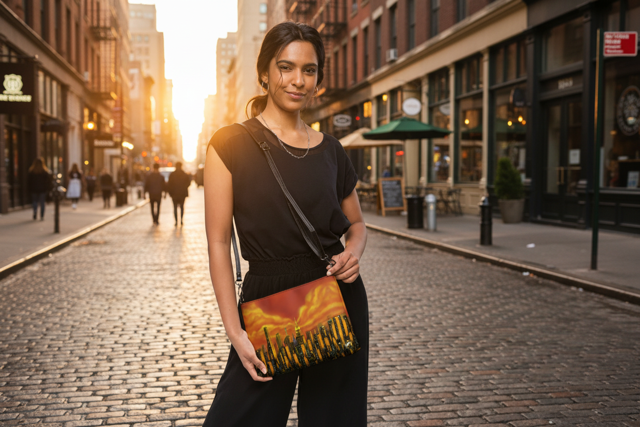 Woman holding a crossbody bag with a Loria NYC Art cityscape design on urban streets