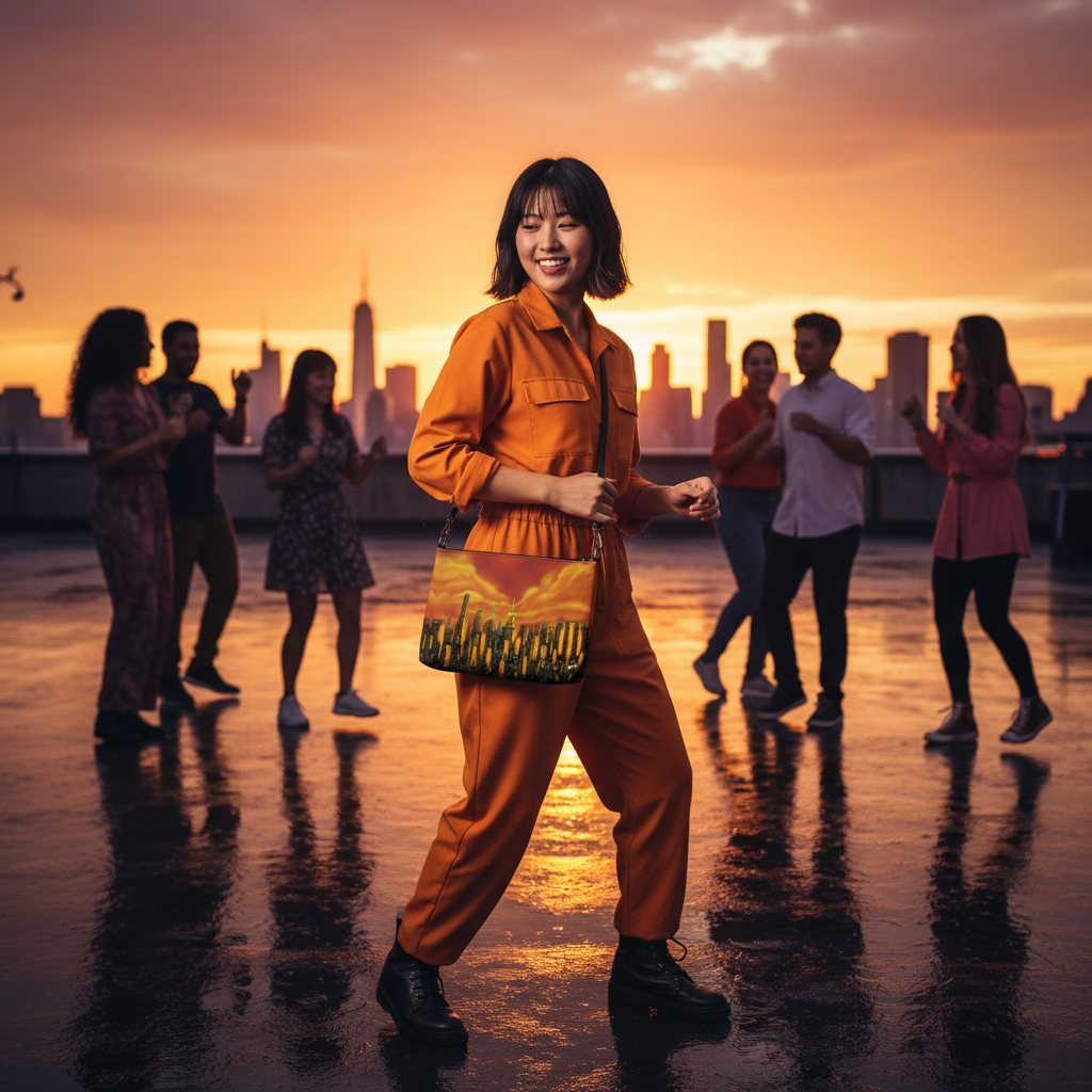 Person holding a bag with a Loria NYC Art cityscape design against a sunset 
