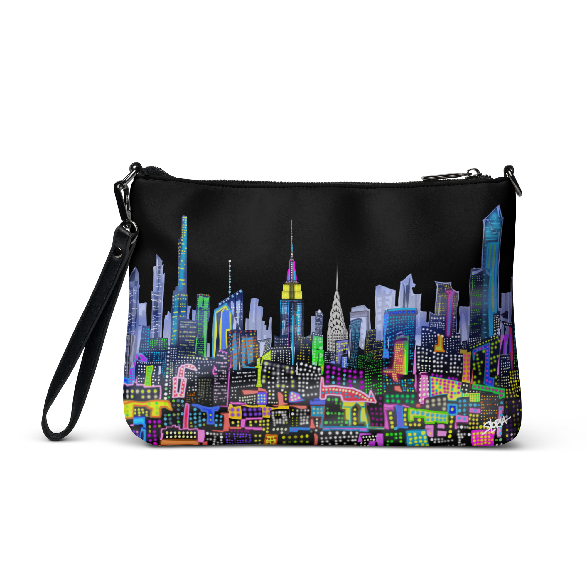 Black wristlet with colorful Loria NYC Art cityscape design on a transparent background