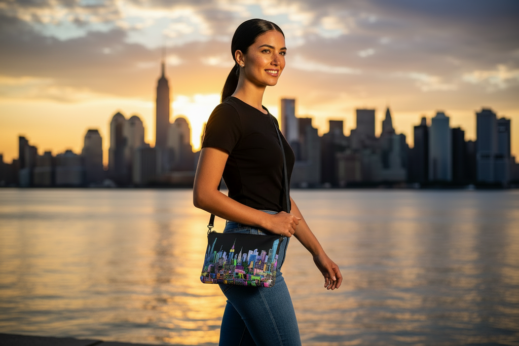 Woman holding a colorful Loria NYC Art bag with a city skyline and sunset in the background