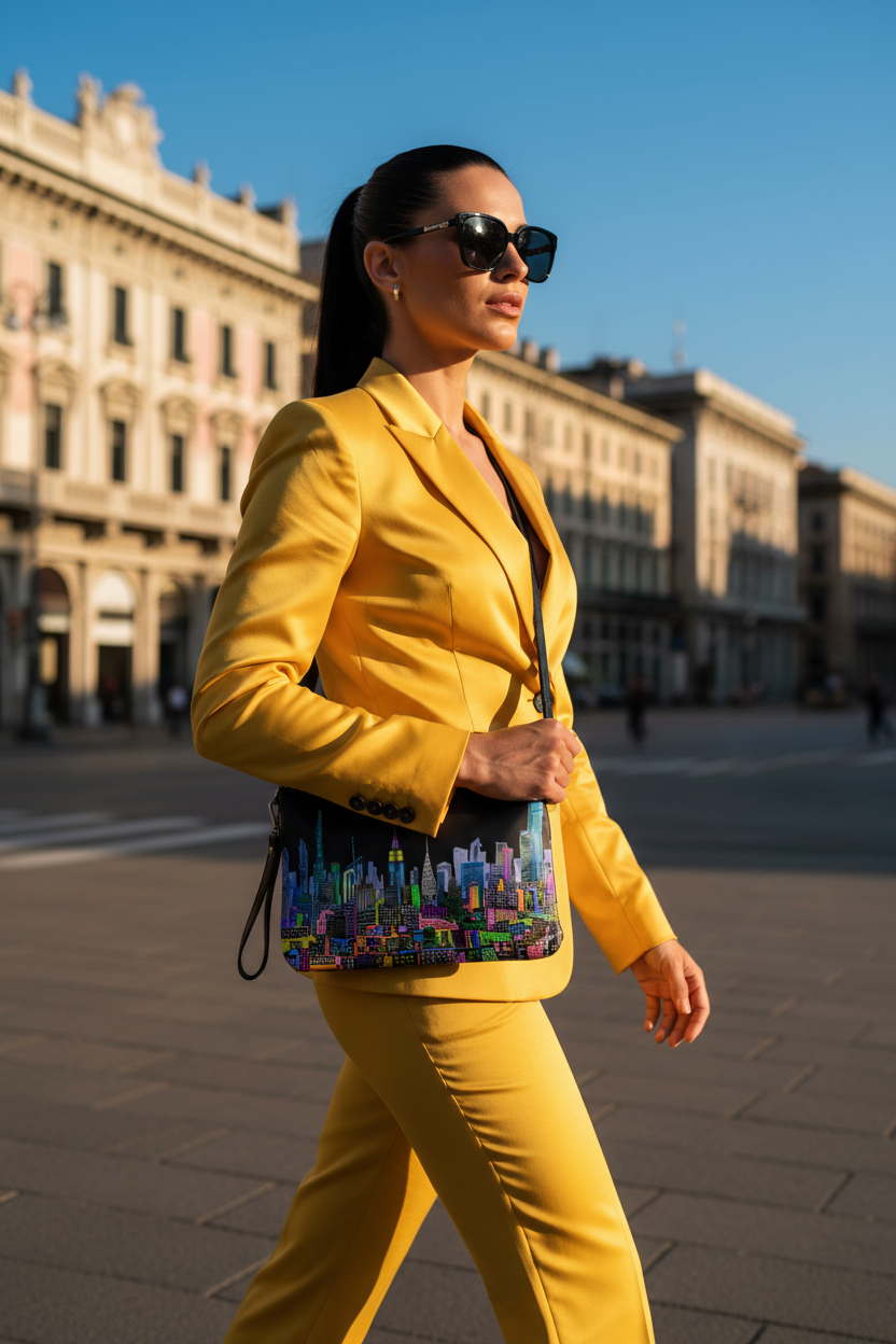 Women in yellow suit wearing a colorful Loria NYC Art bag in an outside setting