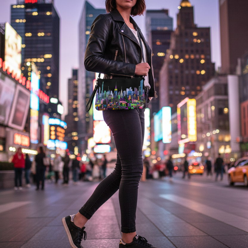 Person wearing a Loria NYC Art crossbody bag walking in Times Square, New York City with bright lights and tall buildings.