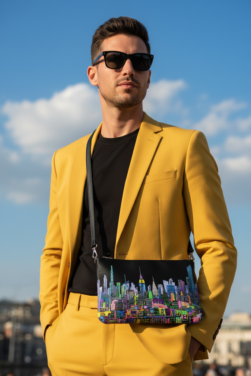 Man in yellow suit wearing a colorful Loria NYC Art bag in an outside setting