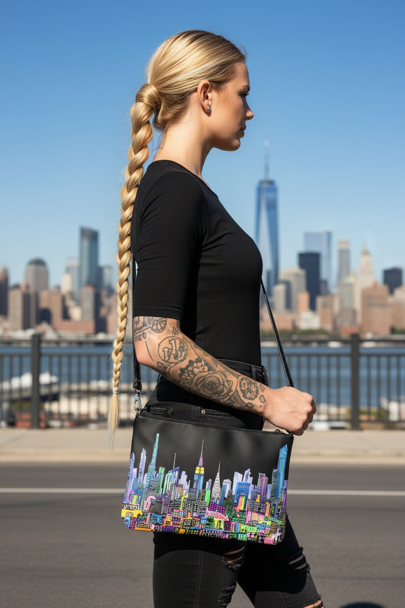 Woman holding a bag with a colorful cityscape Loria NYC Art design, standing in front of a city skyline.