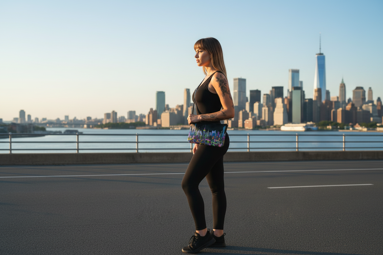Female holding a Loria NYC Art bag standing by a waterfront with a city skyline in the background