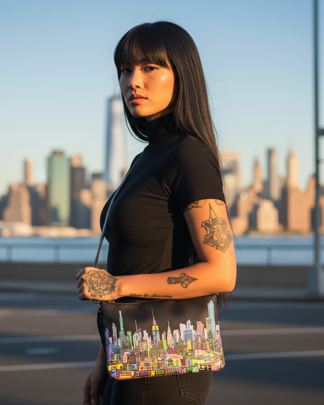 Woman holding a colorful Loria NYC Art cityscape bag with a city skyline in the background
