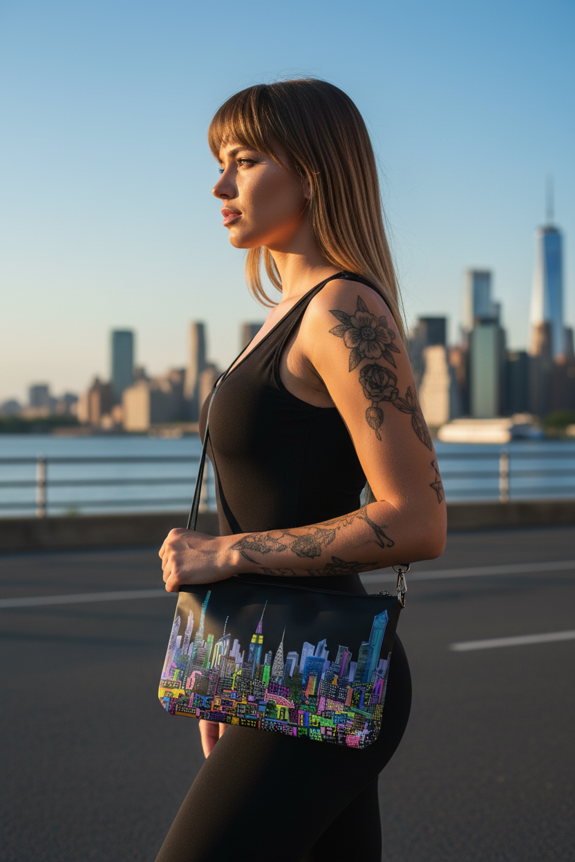 Woman holding a colorful Loria NYC Art cityscape bag with a city skyline in the background