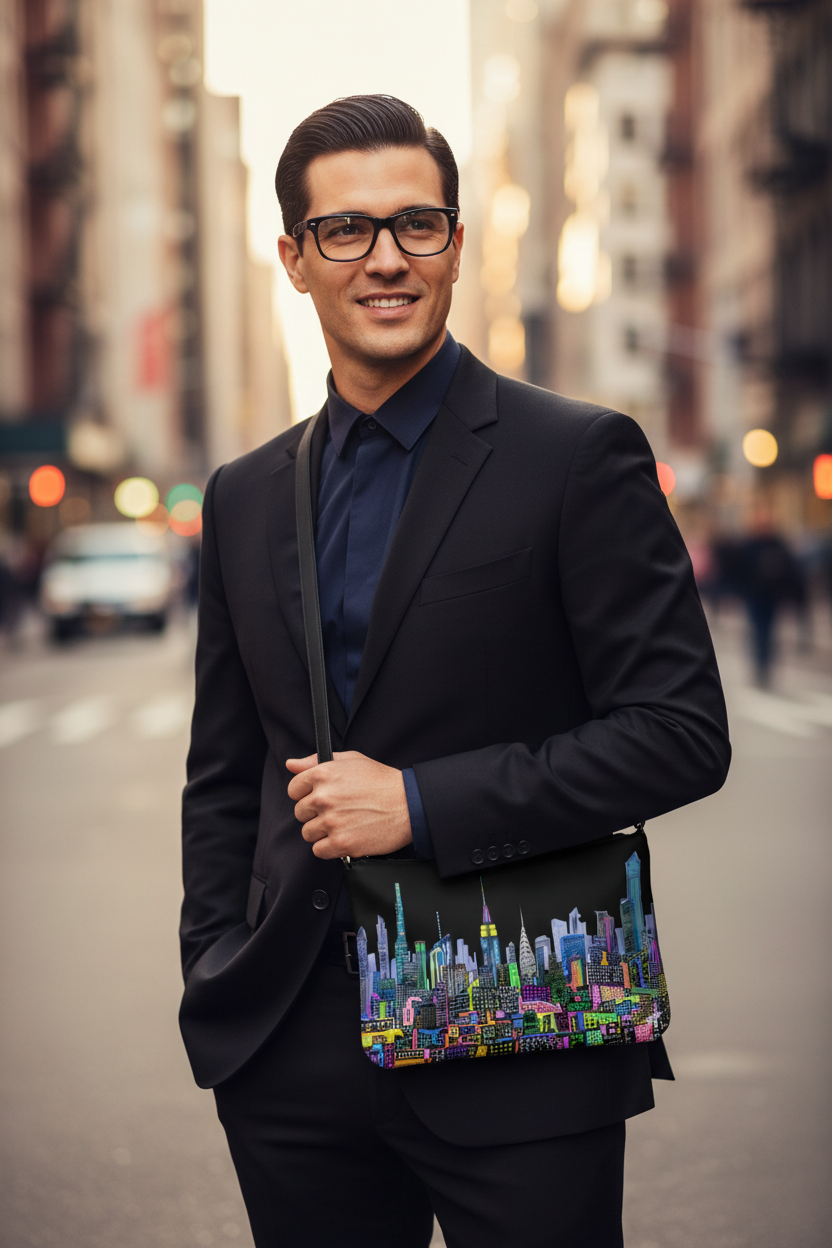 Man wearing a colorful Loria NYC Art bag standing in a city street.