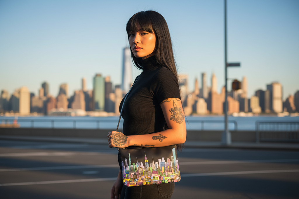 Woman holding a colorful Loria NYC Art bag with cityscape design, standing in front of a city skyline.