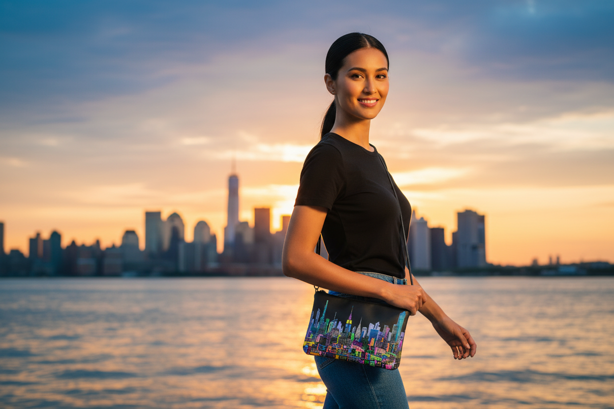 Woman holding a Loria NYC Art bag standing by a waterfront with a city skyline in the background during sunset.