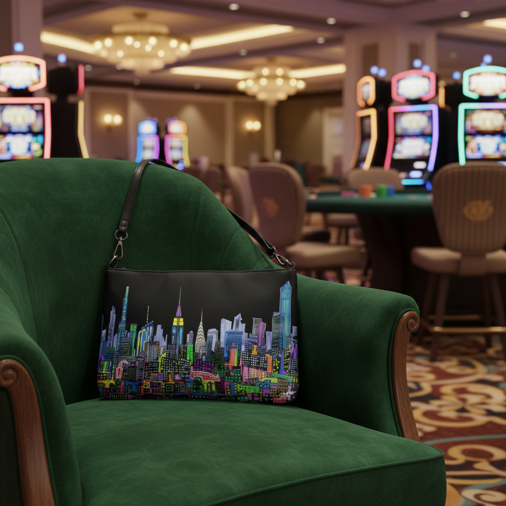 Pocket book with a colorful cityscape Loria NYC Art design on a green couch