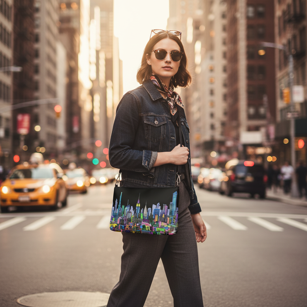 Black handbag with Loria NYC Art colorful cityscape design held by a hand against a urban background