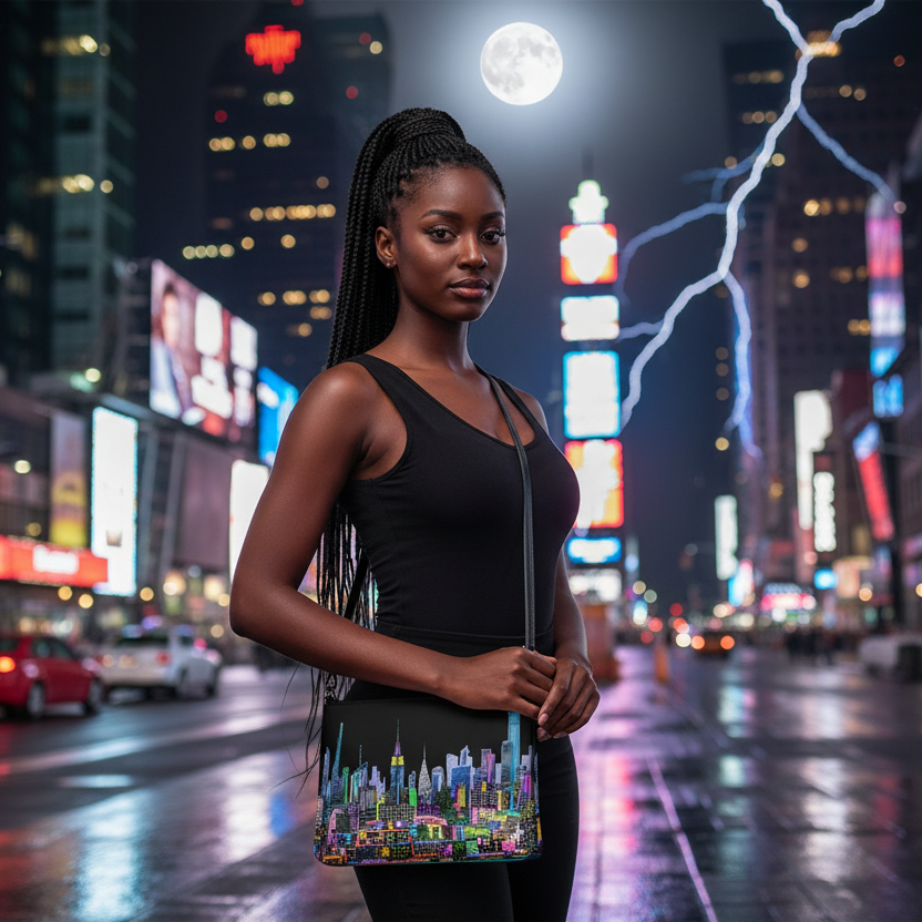 Woman holding a black crossbody bag with a colorful Loria NYC Art cityscape design on urban streets