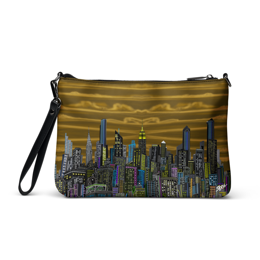 Cross body bag with Loria NYC Art cityscape design on a white background