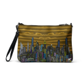 Cross body bag with Loria NYC Art cityscape design on a white background