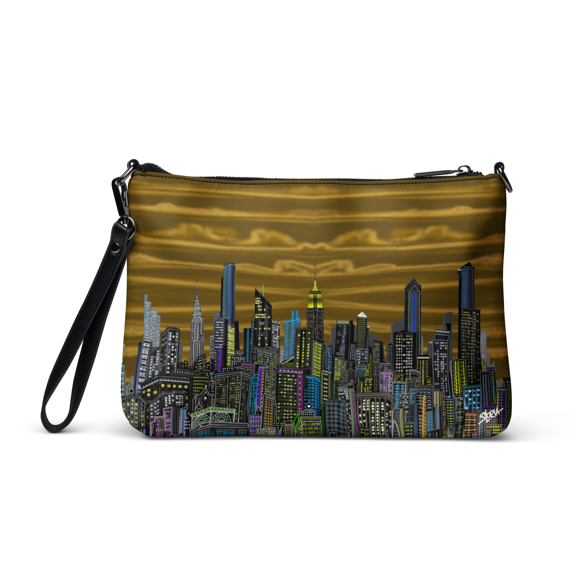 Cross body bag with Loria NYC Art cityscape design on a white background