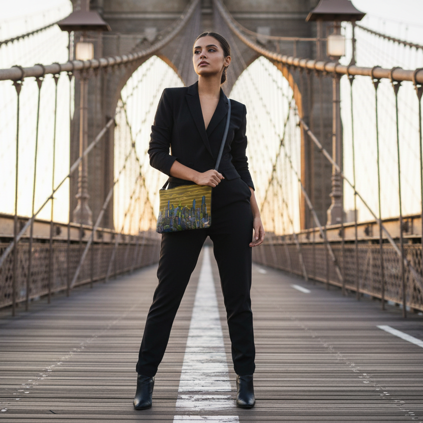 Woman in a black suit standing on a bridge holding a patterned Loria NYC Art handbag.