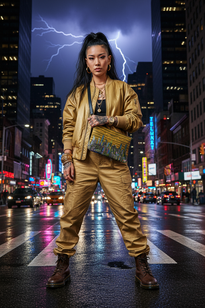 Person wearing a Loria NYC Art cityscape crossbody bag in gold outfit standing on a city street