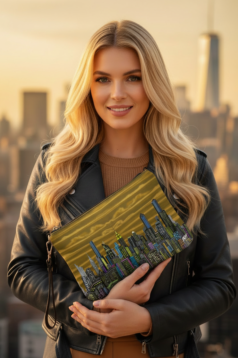 Women holding a skyline brown gold Loria NYC Art crossbody clutch bag in an urban setting.