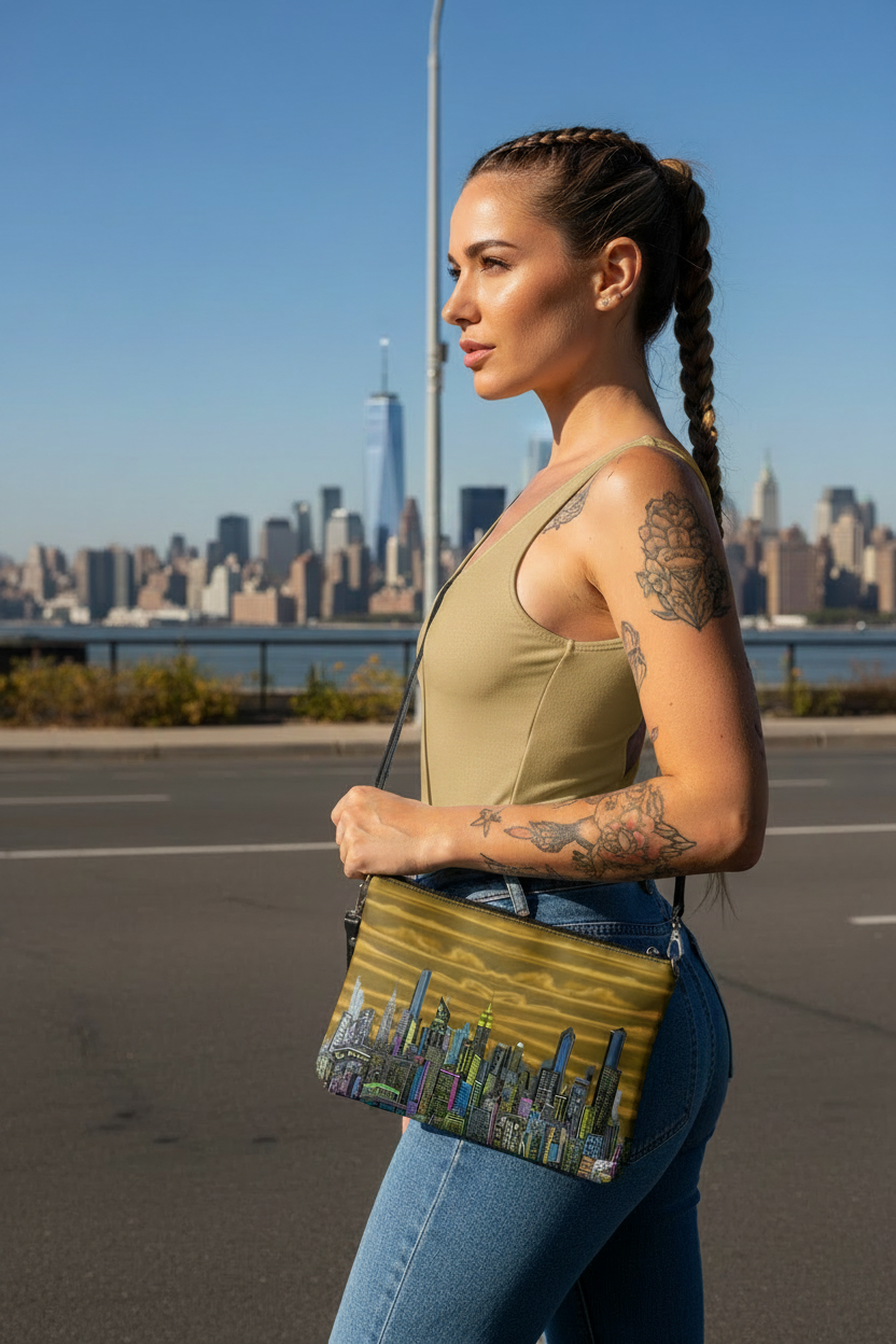 Woman holding a handbag with a cityscape Loria NYC Art design, standing in an urban setting with a skyline in the background.
