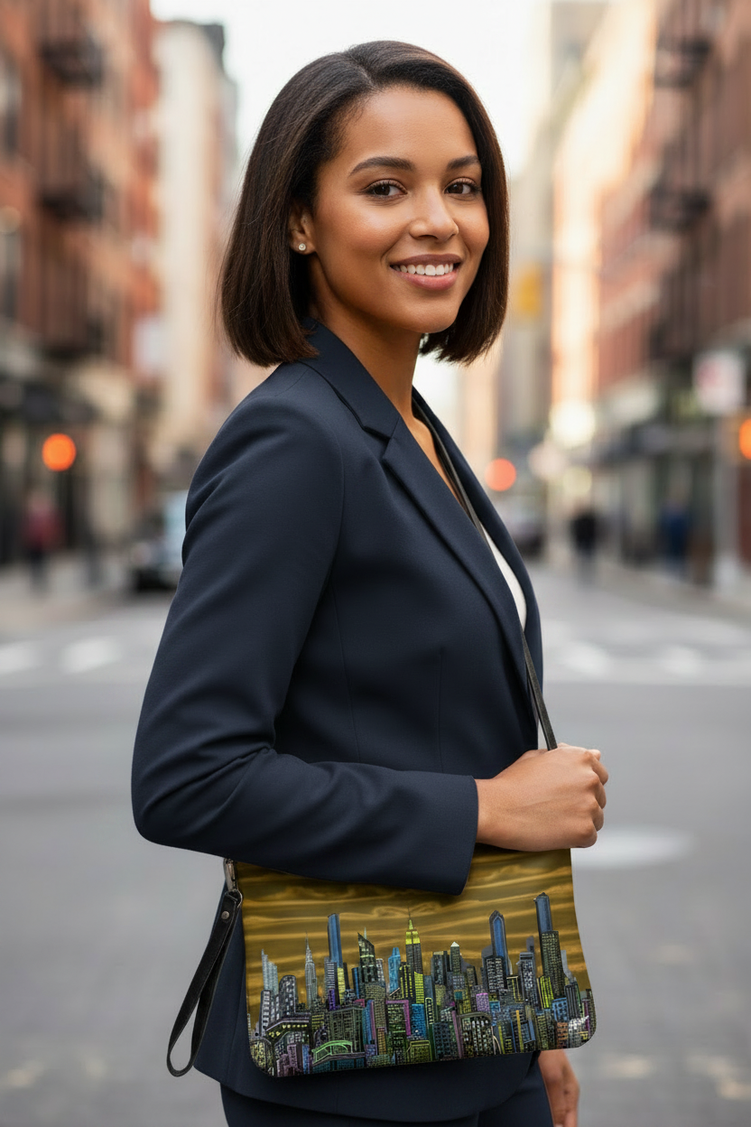 Women holding a brown gold skyline Loria NYC Art crossbody bag smiling in an urban setting.