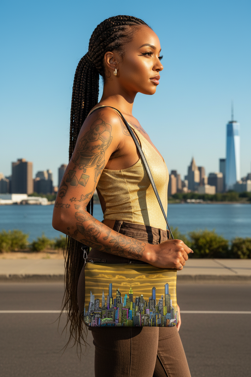 Woman holding a Loria NYC Art bag with tattoos standing in front of a city skyline