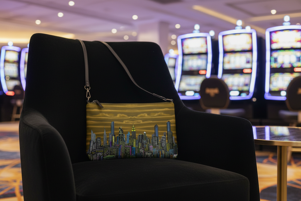 Brown Loria NYC Art bag  on a black couch with a cityscape design