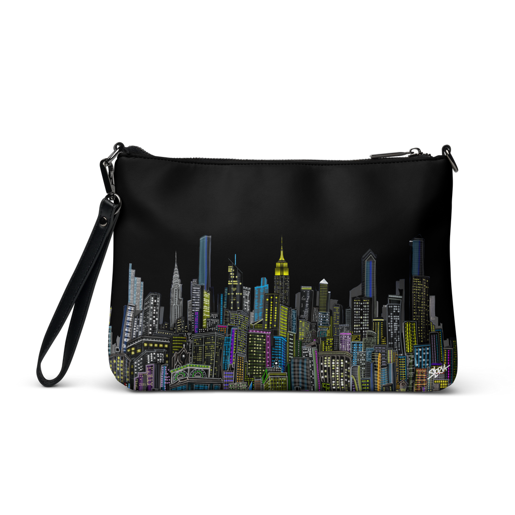 Black pouch with cityscape Loria NYC Art design on a white background