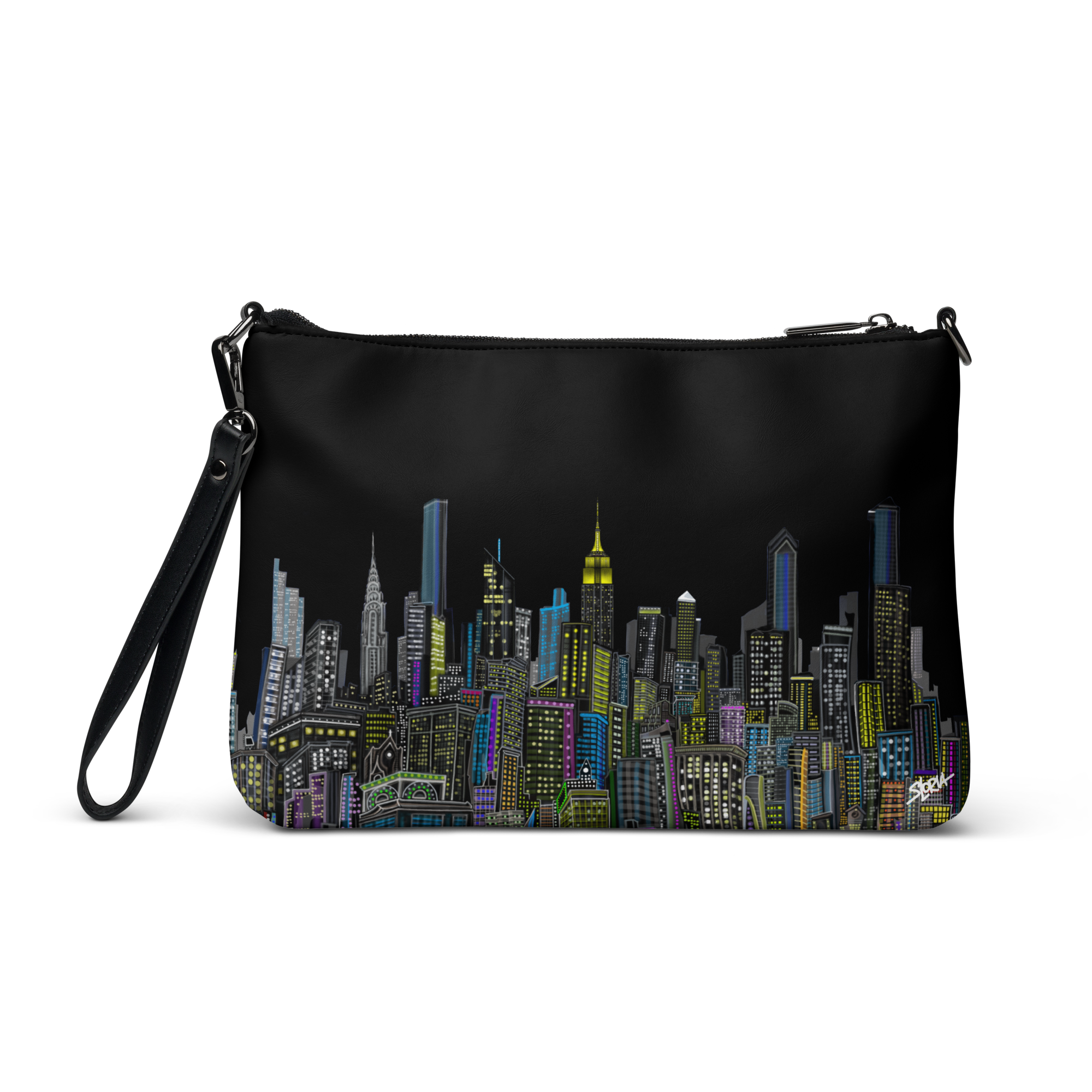 Black pouch with cityscape Loria NYC Art design on a white background
