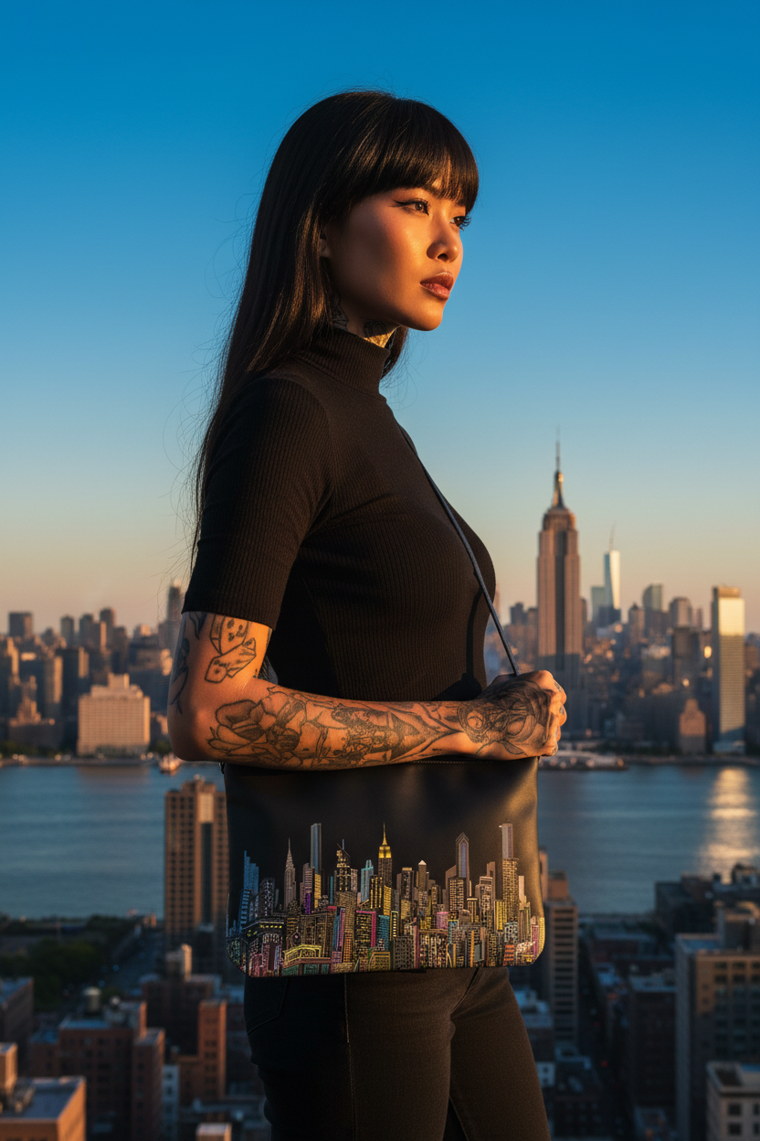 Woman holding a Loria NYC Art bag with tattoos standing in front of a city skyline at sunset