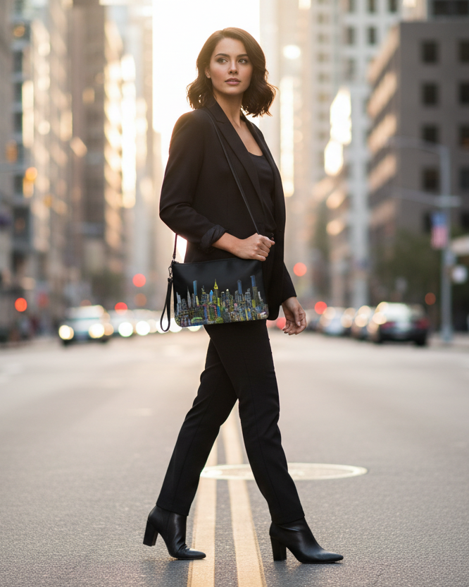Woman hold a black Loria NYC Art bag walking on a city street with tall buildings in the background