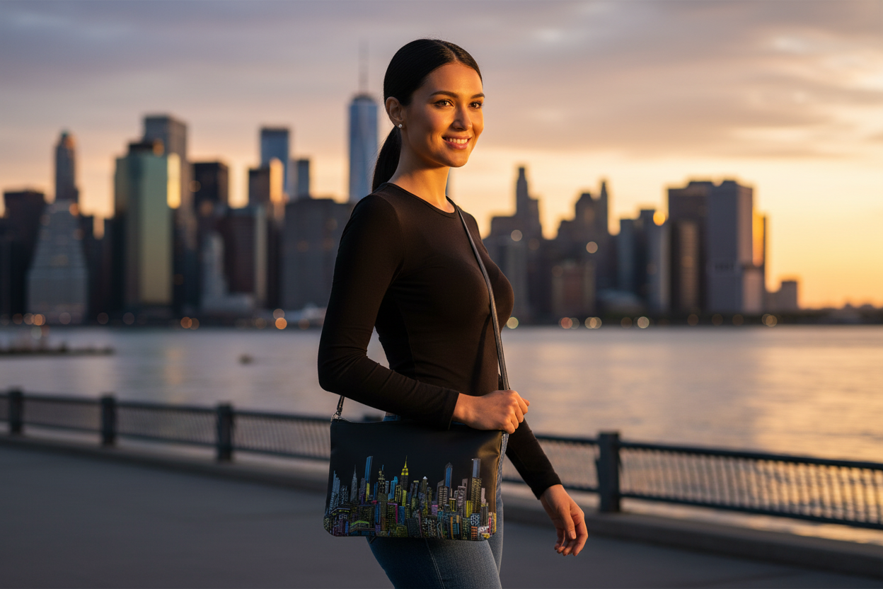 Woman holding a Loria NYC Art bag standing in front of a city skyline at sunset