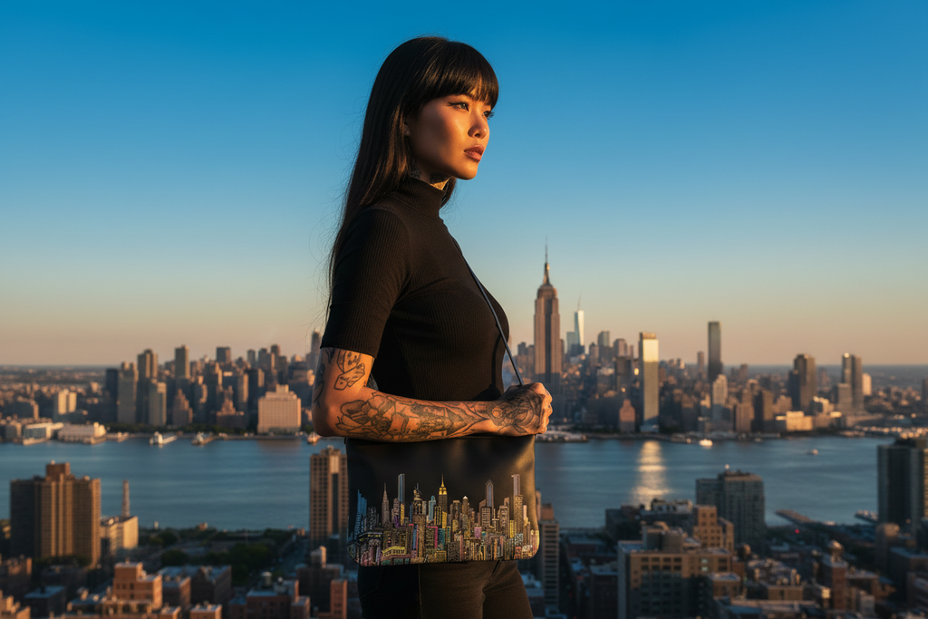 Women posing with a Loria NYC Art black clutch with a city skyline background.