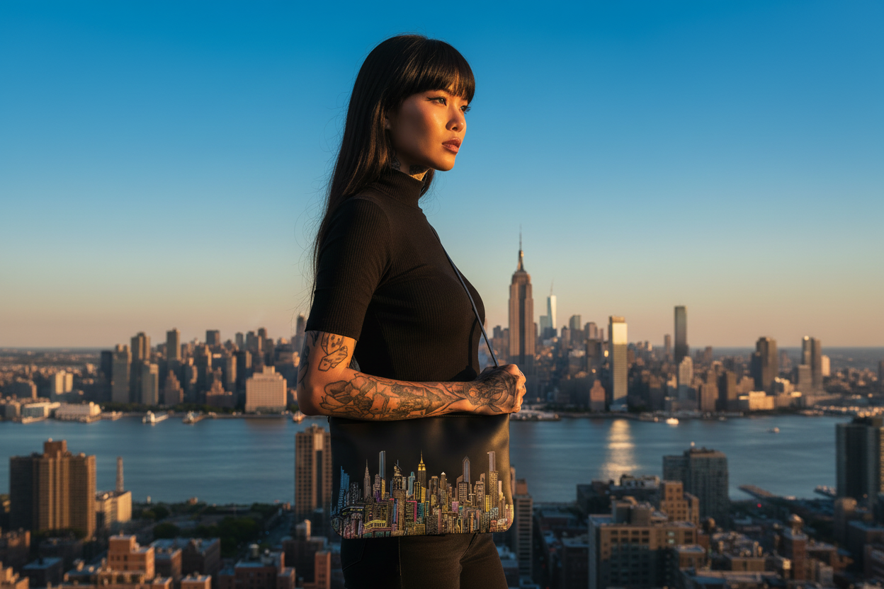 Women posing with a Loria NYC Art black clutch with a city skyline background.