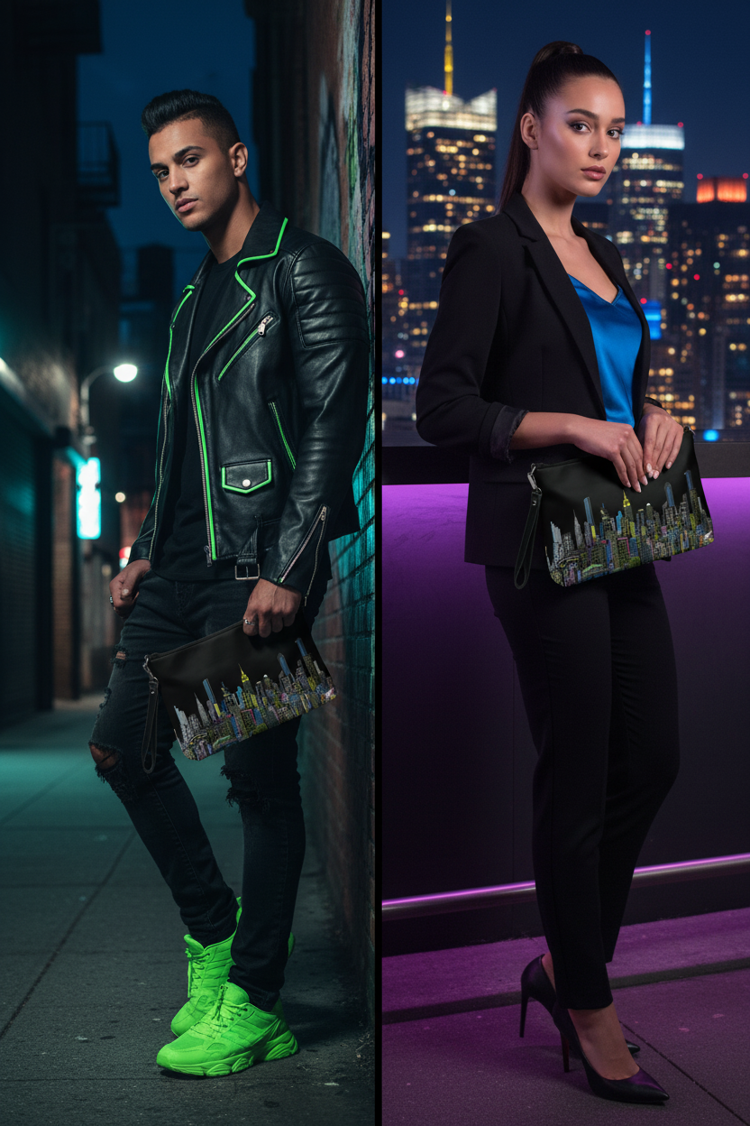 Two people holding Loria NYC Art clutch bags in stylish outfits with neon green shoes and a cityscape background.