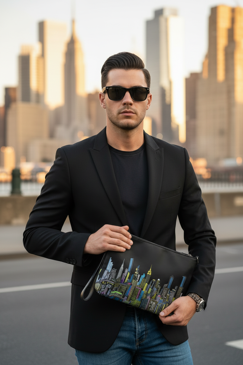 Man holding a black Loria NYC Art clutch bag with cityscape design.