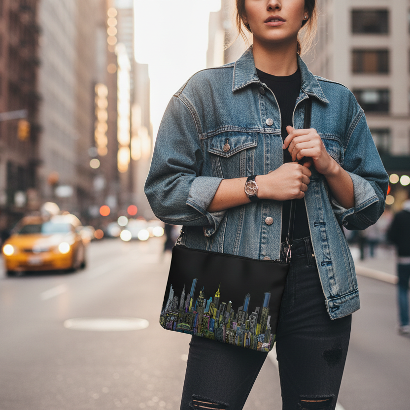 Person wearing a Loria NYC Art bag and a denim jacket on a city street with blurred background