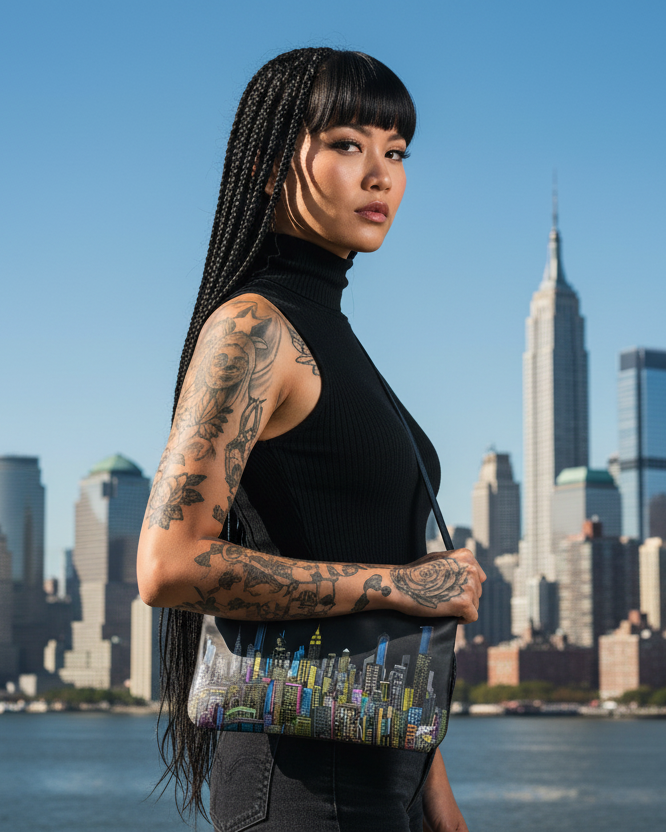 Woman with tattoos holding a colorful bag with a cityscape Loria NYC Art design, standing against a skyline.